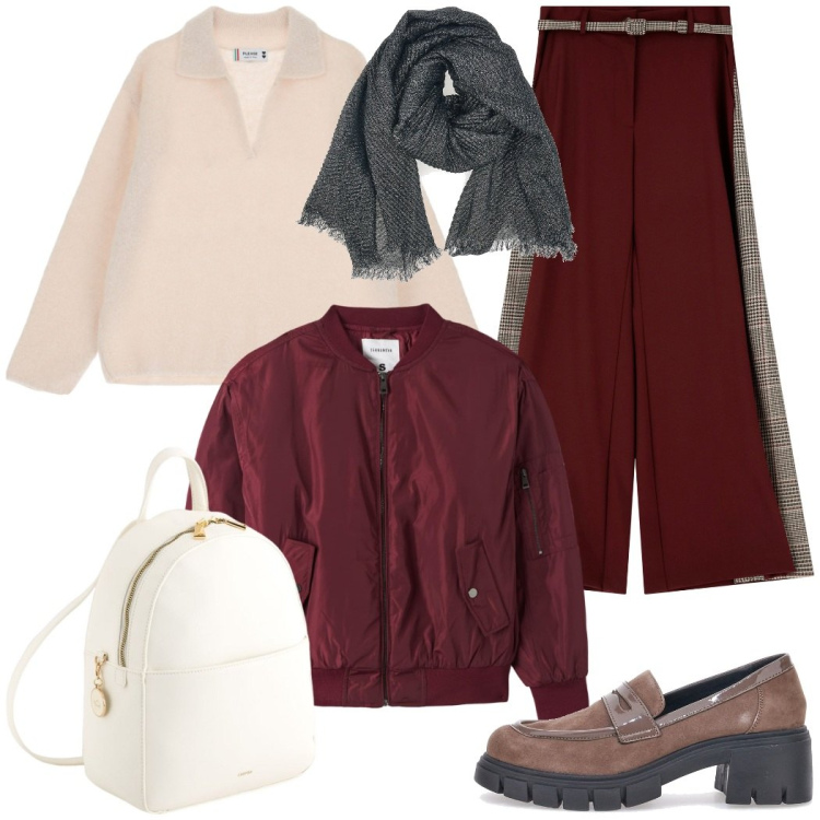 Outfit donna - A lezione. Stile Urban per Scuola/Università. Abbinamento con bomber, pullovers, pantaloni, mocassini, foulard, zaini.