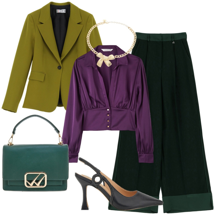 Outfit donna - Still of the night. Stile Trendy per Ufficio. Abbinamento con bluse, blazer, pantaloni, collane, décolleté, borse a tracolla.