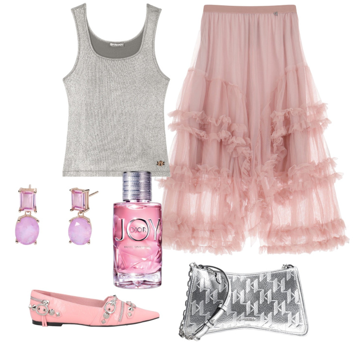 Outfit donna - Glamour argent. Stile Glamour per Serata fuori. Abbinamento con ballerine, borse a tracolla, profumi, orecchini, canottiere, gonne lunghe.