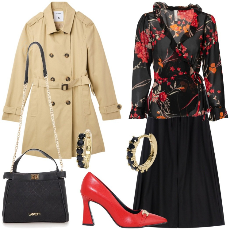 Outfit donna - Dettagli rossi. Stile Chic per Serata fuori. Abbinamento con bluse, trench, orecchini, décolleté, gonne longuette, borse a tracolla.
