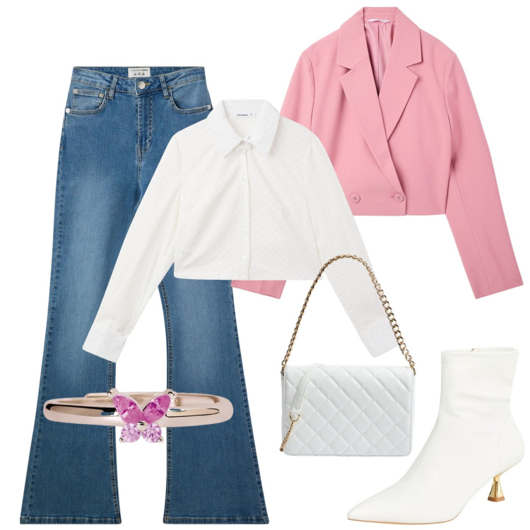 Outfit donna - Terranova. Stile Basic per Tutti i giorni. Abbinamento con stivaletti, blazer, jeans a zampa, camicie, borse a tracolla, anelli.