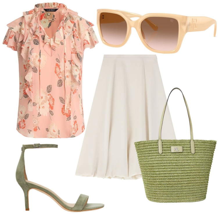 Outfit donna - Total look #2085298. Abbinamento con gonne longuette, occhiali da sole, camicie, sandali in pelle, borse tote.