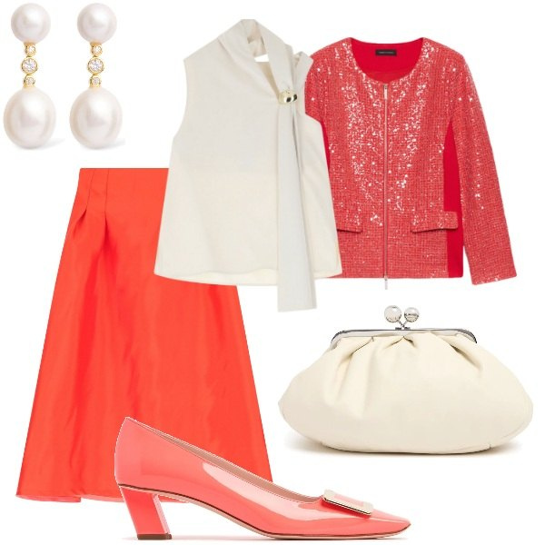 Outfit donna - Matrimonio in vista. Stile Glamour per Cerimonia. Abbinamento con top, gonne longuette, blazer, pochette, décolleté, orecchini.