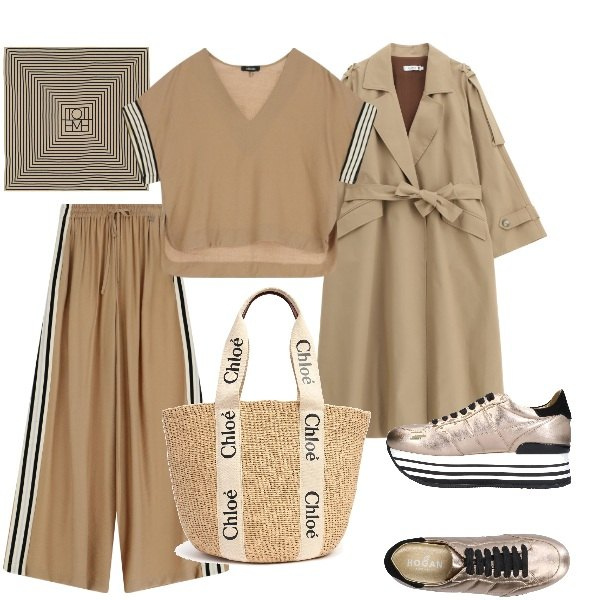 Outfit donna - Aspettando la primavera. Stile Trendy per Tutti i giorni. Abbinamento con sneakers, trench, pantaloni, t-shirt, foulard, shopping bag.