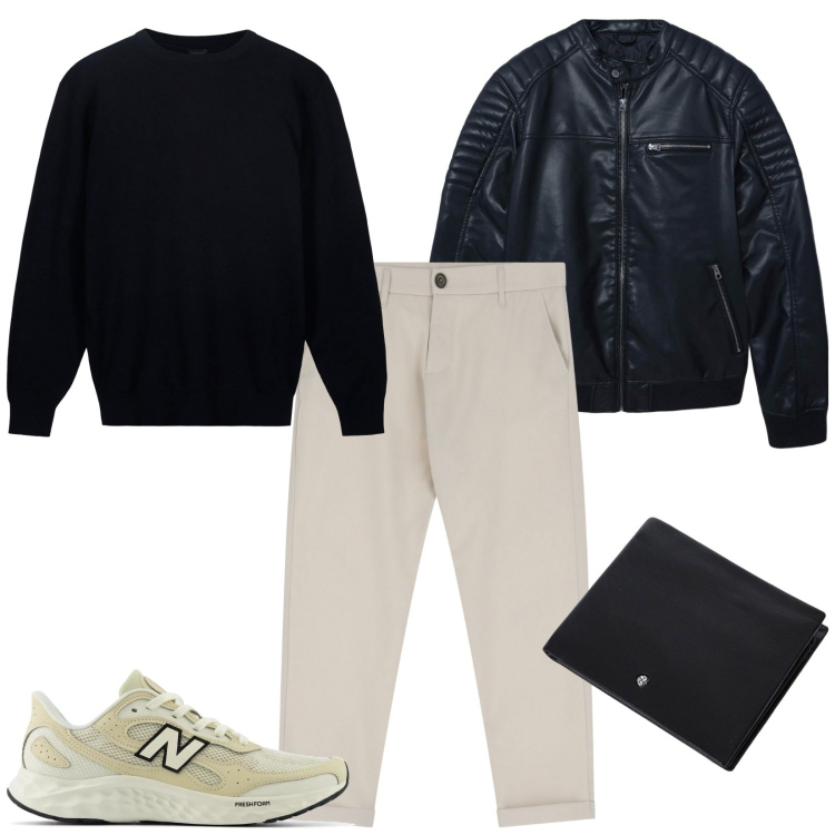 Outfit uomo - In pizzeria. Stile Casual per Tutti i giorni. Abbinamento con giacche, sneakers, pantaloni chino, portafogli, maglieria.