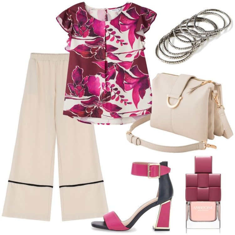 Outfit donna - Happy hour con le amiche. Stile Bon Ton per Serata fuori. Abbinamento con braccialetti, profumi, bluse, pantaloni, sandali col tacco, borse a tracolla.
