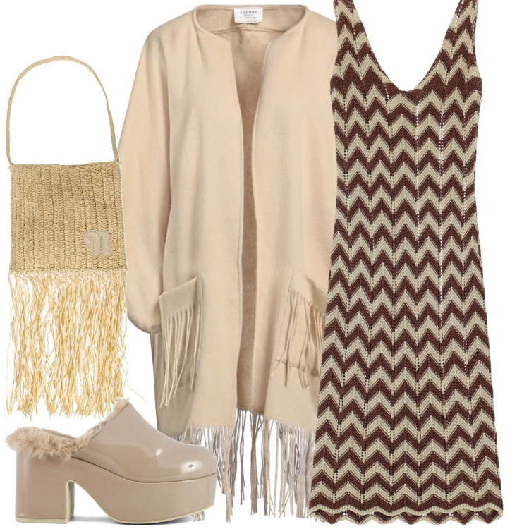 Outfit donna - I colori della spiaggia. Stile Casual chic per Serata fuori. Abbinamento con cardigans, borse a spalla, vestiti midi/longuette, sabot.