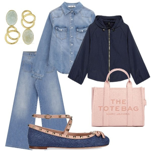 Outfit donna - A spasso per la città. Stile Trendy per Tutti i giorni. Abbinamento con jeans, camicie, parka, shopping bag, ballerine, orecchini.