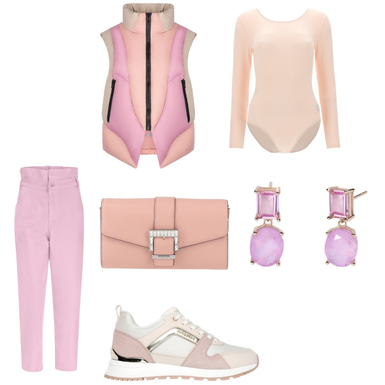 Outfit donna - Sporty Fashion. Stile Sporty chic per Tutti i giorni. Abbinamento con borse a mano, orecchini, body, jeans, piumini, sneakers.