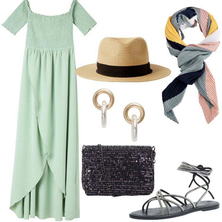 Outfit donna - Dettagli boho. Stile Boho per Serata fuori. look ideale per Tall. Abbinamento con vestiti lunghi, sandali alla schiava, cappelli, borse a tracolla, orecchini, foulard.