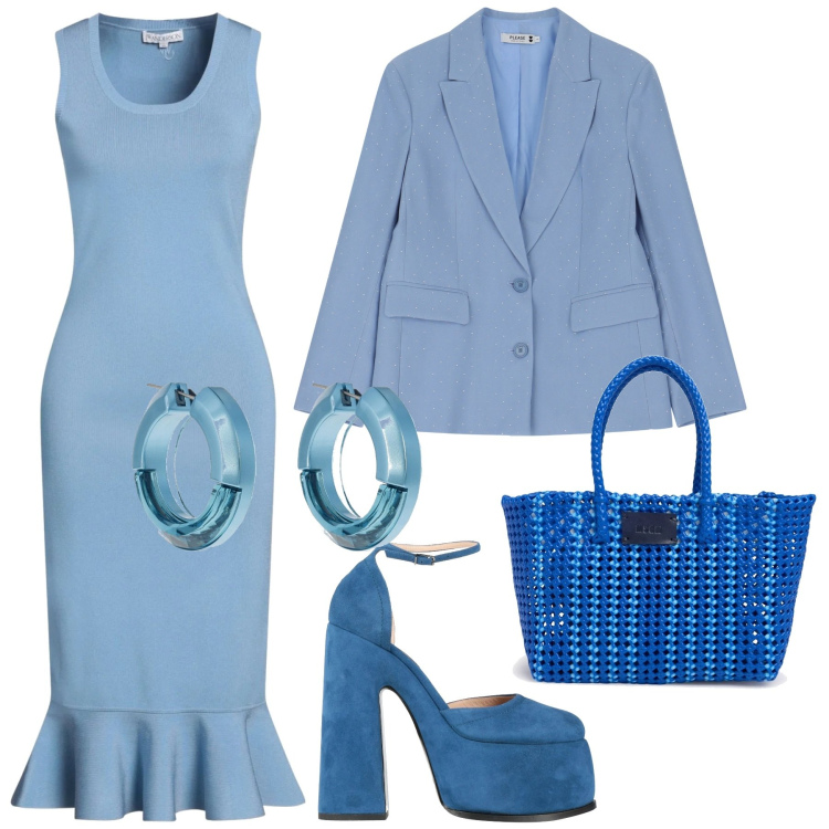 Outfit donna - Azzurro. Stile Chic per Ufficio. Abbinamento con vestiti midi/longuette, décolleté, blazer, orecchini, shopping bag.