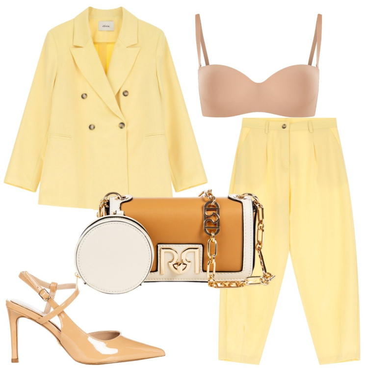 Outfit donna - Giallo burro in Primavera. Stile Chic Abbinamento con reggiseni, pochette, décolleté, pantaloni, blazer.