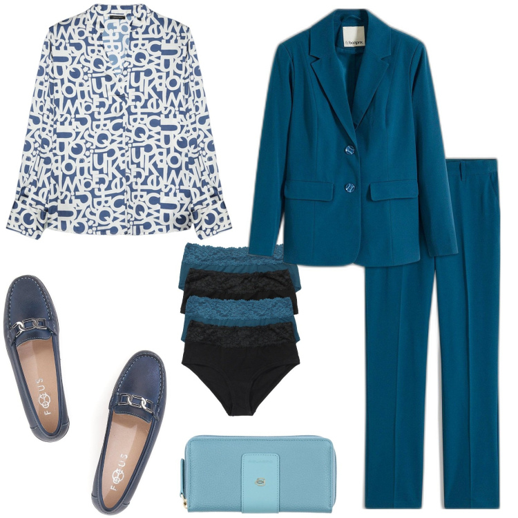 Outfit donna - Il completo color ottanio. Stile Mannish per Ufficio. Abbinamento con culotte, giacche, portafogli, mocassini, bluse.