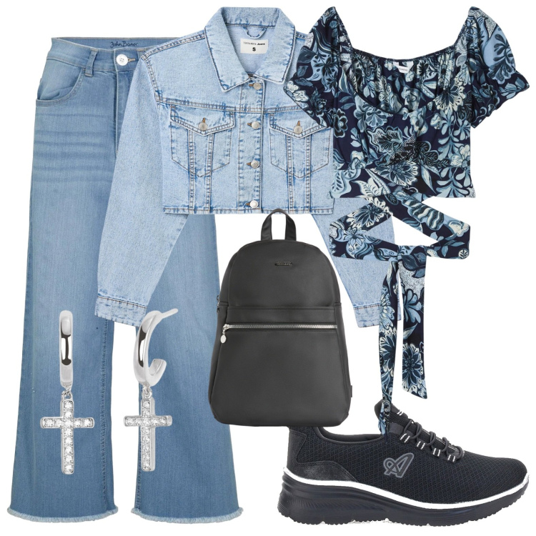 Outfit donna - Jeans. Stile Minimal per Scuola/Università. Abbinamento con jeans, bluse, blazer, orecchini, zaini, sneakers.