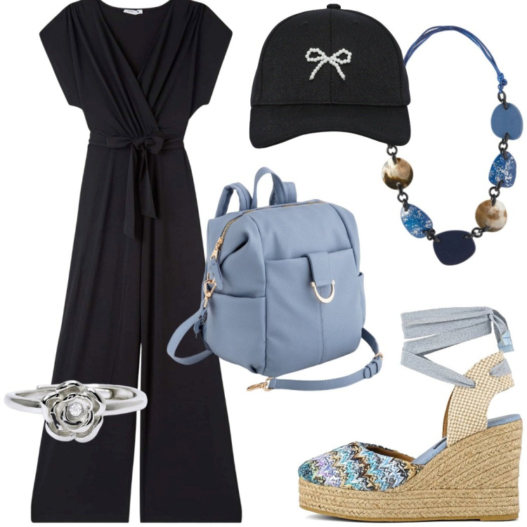 Outfit donna - La tuta da giorno. Stile Urban per Tutti i giorni. Abbinamento con cappelli con visiera, tute, anelli, sandali col tacco, collane, zaini.