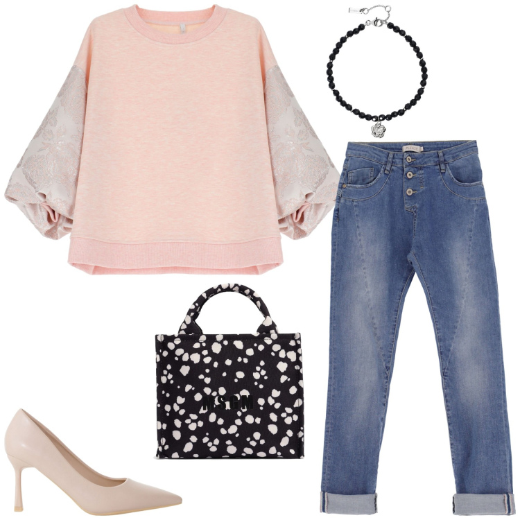 Outfit donna - Total look #2085331. Stile Casual chic per Tutti i giorni. Abbinamento con braccialetti, décolleté, felpe, jeans slim fit, shopping bag.