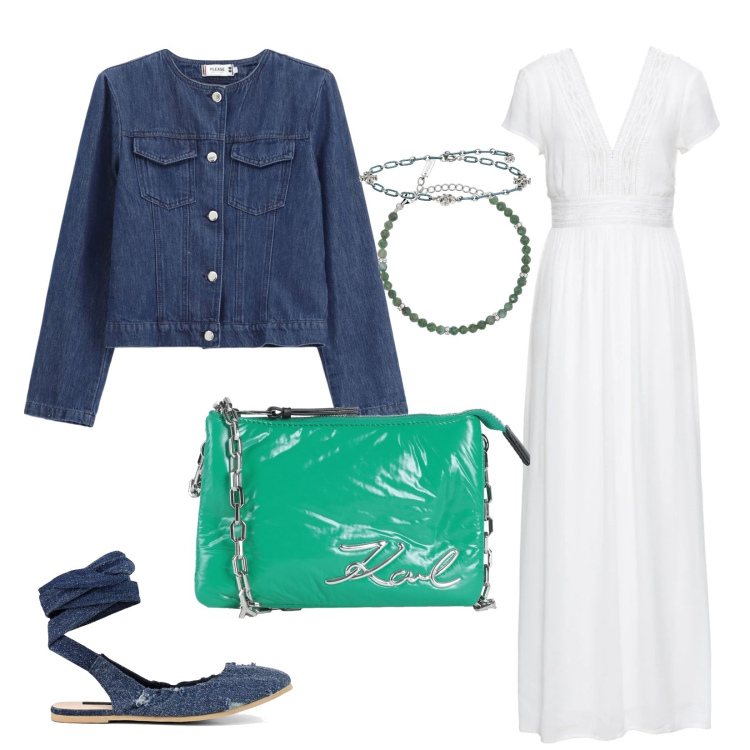 Outfit donna - A passeggio sul lungomare. Stile Casual chic per Tutti i giorni. Abbinamento con vestiti lunghi, borse a mano, braccialetti, braccialetti, blazer, ballerine.