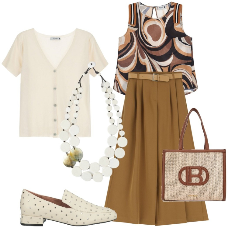 Outfit donna - Eleganti toni caldi. Stile Chic per Tutti i giorni. Abbinamento con mocassini, top, cardigans, pantaloni a palazzo, borse a spalla, ciondoli.