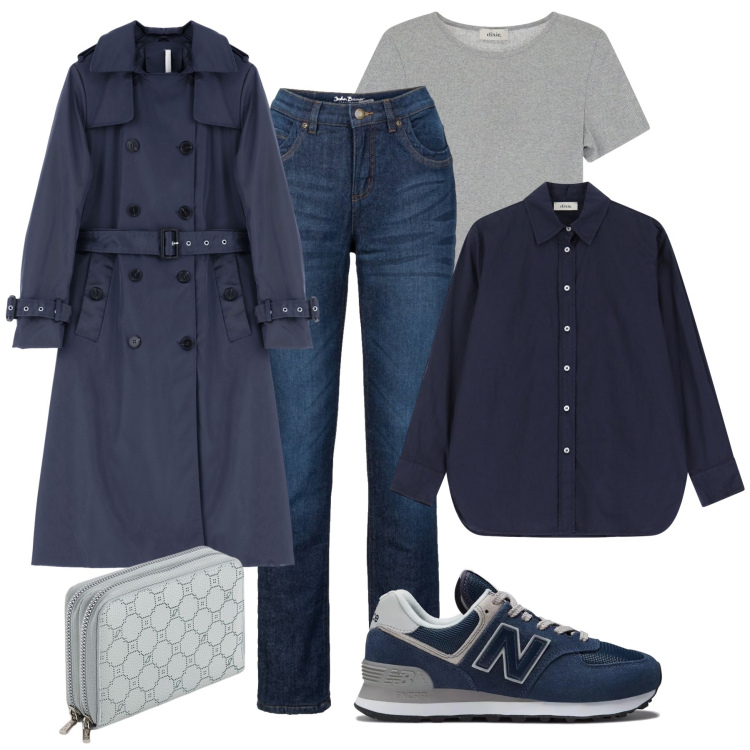 Outfit donna - Pratica, ma curata in blu e grigio. Stile Urban per Tutti i giorni. Abbinamento con jeans dritti, sneakers, trench, camicie, t-shirt, portafogli.