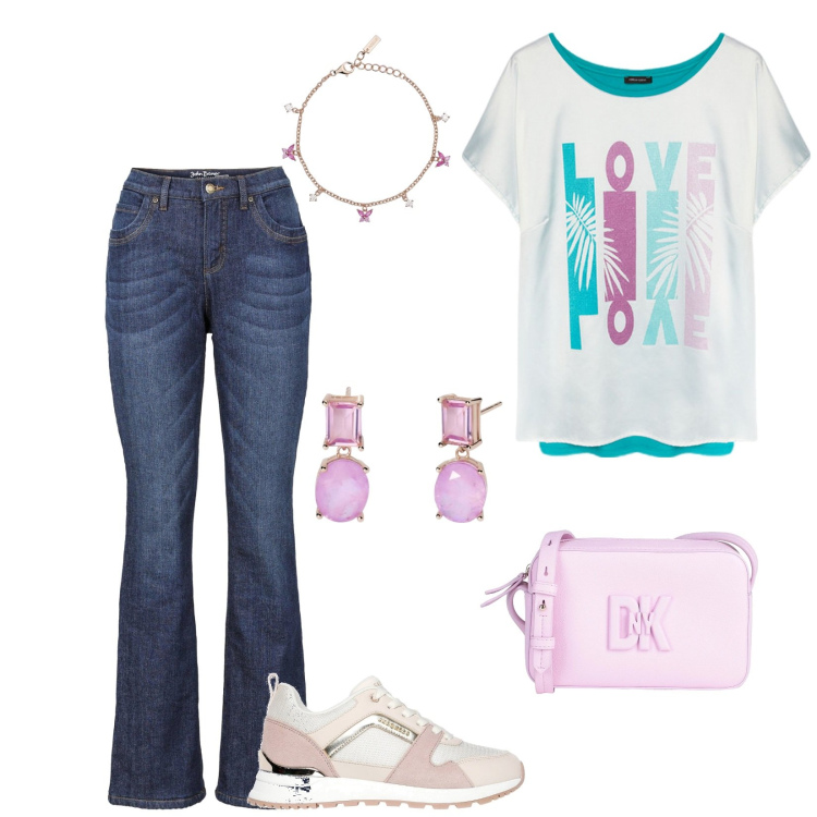 Outfit donna - A scuola con stile. Stile Casual chic per Tutti i giorni. Abbinamento con jeans bootcut, borse a tracolla, orecchini, braccialetti, sneakers, t-shirt.