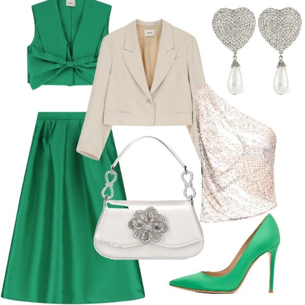 Outfit donna - Matrimonio in vista. Stile Glamour per Cerimonia. Abbinamento con top, blazer, gonne, orecchini, borse a mano, décolleté.