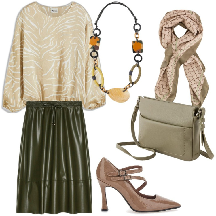 Outfit donna - In ufficio. Stile Chic per Ufficio. Abbinamento con bluse, décolleté, gonne longuette, foulard, collane, borse a tracolla.