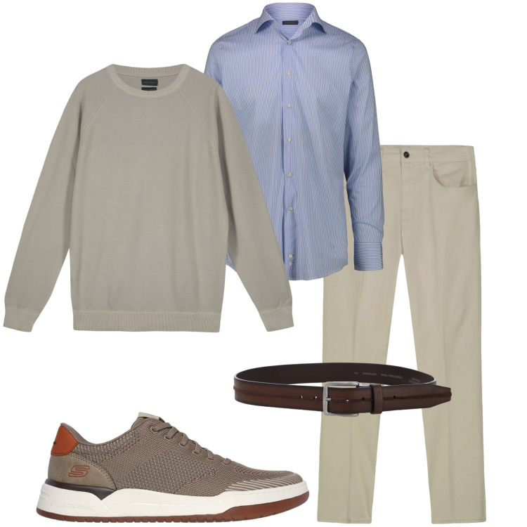 Outfit uomo - Casual in ufficio. Stile Casual per Ufficio. Abbinamento con cinture, pantaloni, camicie, sneakers, maglieria.