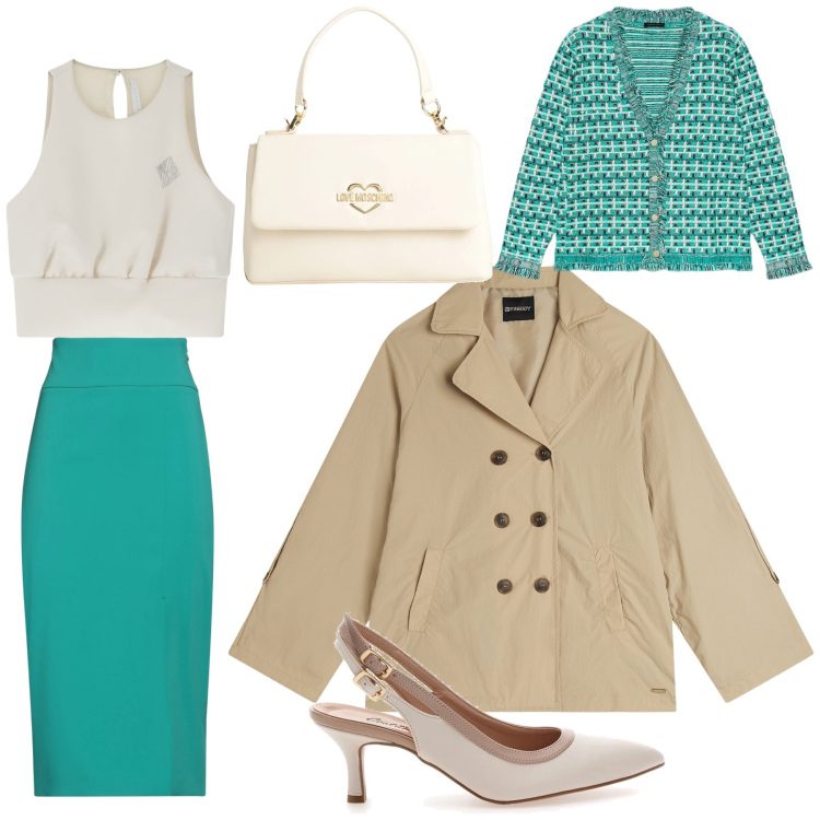 Outfit donna - Il verde col beige. Stile Bon Ton per Scuola/Università. Abbinamento con gonne longuette, borse a mano, top, trench, cardigans, décolleté.