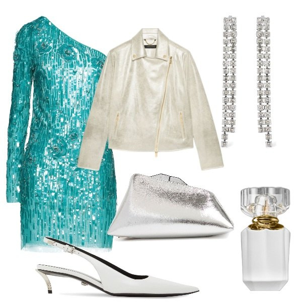Outfit donna - Matrimonio in vista. Stile Glamour per Serata fuori. Abbinamento con vestiti corti, profumi, blazer, pochette, orecchini, décolleté.