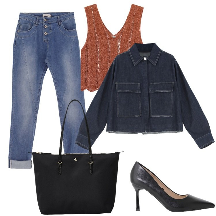 Outfit donna - Jeans e decollette. Stile Basic per Tutti i giorni. Abbinamento con jeans slim fit, top, blazer, décolleté, borse tote.