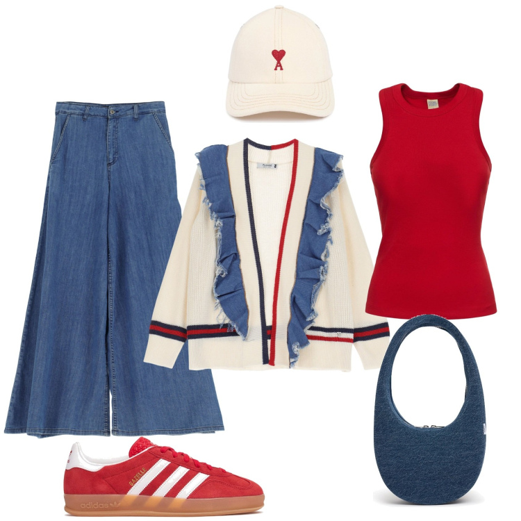 Outfit donna - Sportiva con il cardigan con le rouges. Stile Sporty chic per Tutti i giorni. Abbinamento con cardigans, jeans, canottiere, sneakers, borse a spalla, cappelli.