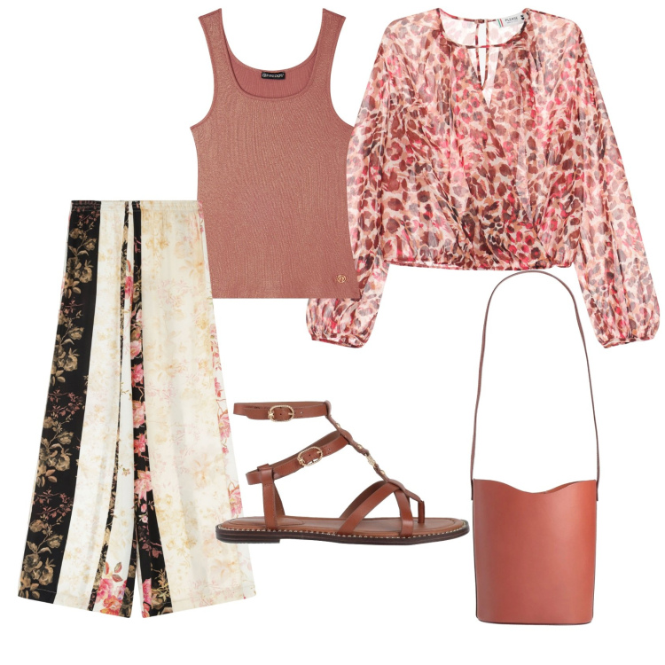 Outfit donna - Boho chic sui toni caldi. Stile Boho per Tutti i giorni. Abbinamento con borse a mano, infradito, bluse, pantaloni a palazzo, canottiere.