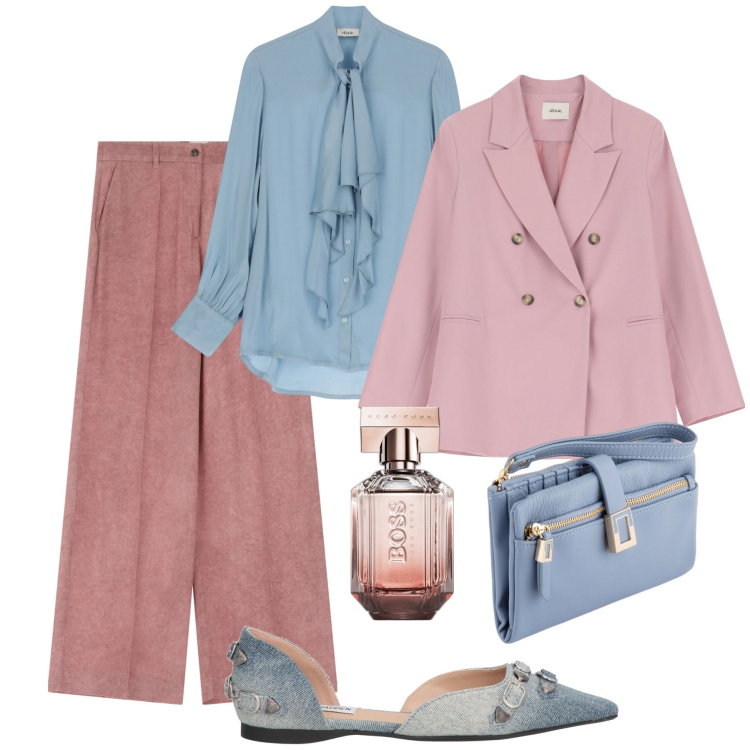 Outfit donna - Palazzo suede e ballerine denim. Stile Glamour per Ufficio. Abbinamento con ballerine, profumi, pantaloni a palazzo, blazer, bluse, portafogli.