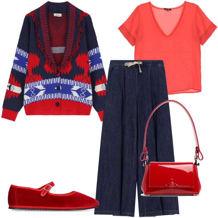 Outfit donna - Friulane rosse. Stile Etnico per Ufficio. Abbinamento con t-shirt, jeans, cardigans, ballerine, borse a spalla.
