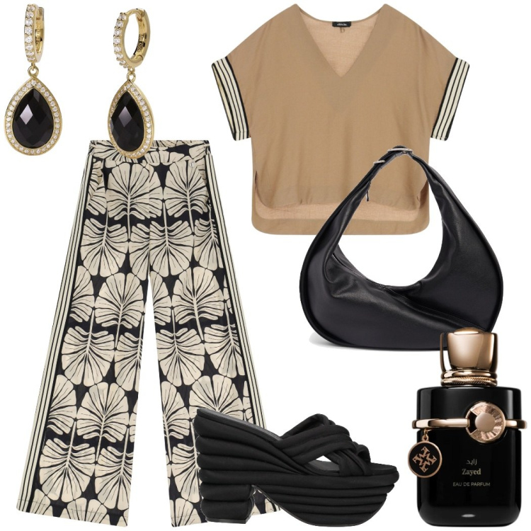 Outfit donna - Glamour per la sera. Stile Glamour per Serata fuori. Abbinamento con sandali col tacco, profumi, orecchini, pantaloni a palazzo, t-shirt, shopping bag.