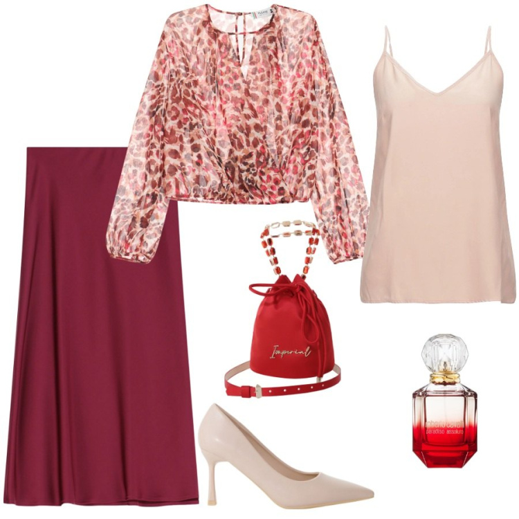 Outfit donna - Cherry red. Stile Chic per Serata fuori. Abbinamento con top, profumi, bluse, décolleté, gonne longuette, borse a secchiello.