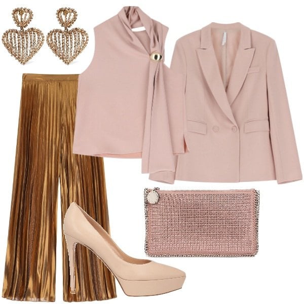 Outfit donna - Matrimonio in vista. Stile Glamour per Cerimonia. Abbinamento con décolleté, blazer, top, pantaloni a palazzo, pochette, orecchini.