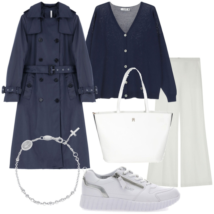 Outfit donna - Total look #2085369. Stile Casual per Tutti i giorni. Abbinamento con borse a mano, cardigans, braccialetti con ciondoli, pantaloni, trench, sneakers.
