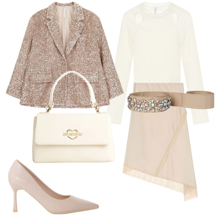 Outfit donna - Total look #2085375. Stile Glamour per Cerimonia. Abbinamento con borse a mano, décolleté, blazer, maglieria, gonne longuette, cinture.