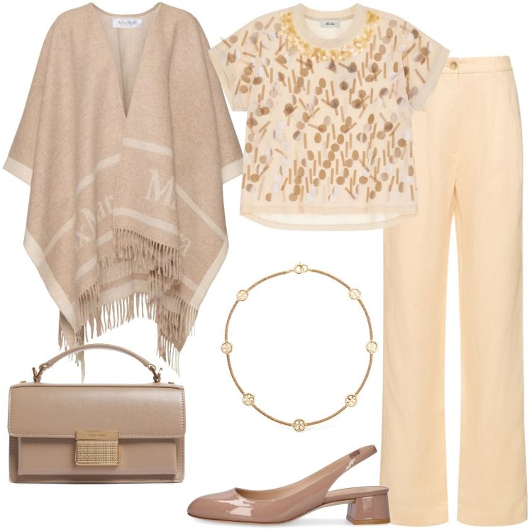 Outfit donna - Un caffè con le amiche. Stile Bon Ton per Tutti i giorni. Abbinamento con t-shirt, cappotti, décolleté, borse a mano, pantaloni, collane.