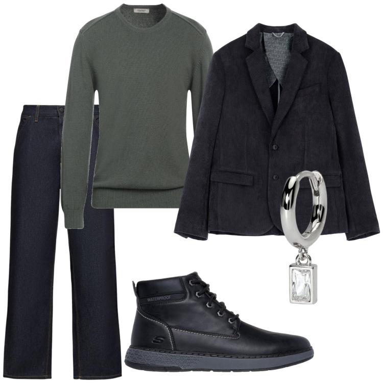 Outfit uomo - Total look #2085387. Stile Casual per Tutti i giorni. Abbinamento con pullovers, orecchini, giacche, stivali e stivaletti, jeans.