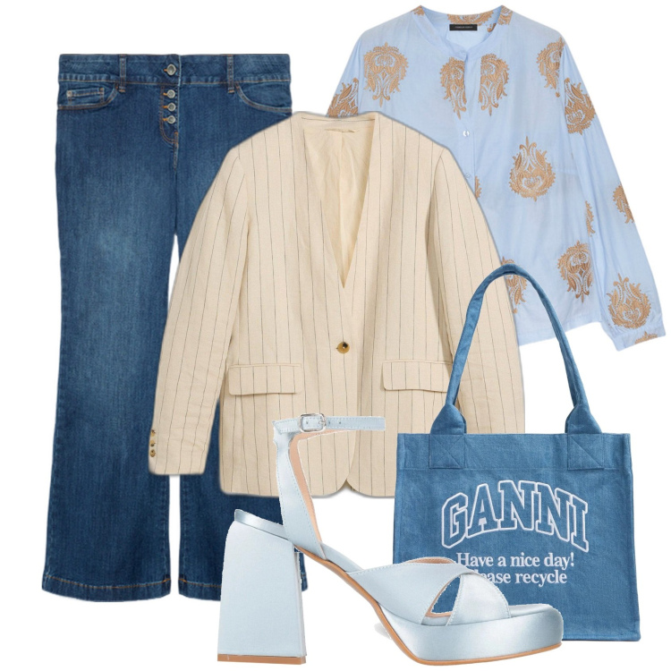 Outfit donna - Blazer gessato. Stile Casual chic per Tutti i giorni. Abbinamento con blazer, sandali in pelle, bluse, jeans, shopping bag.