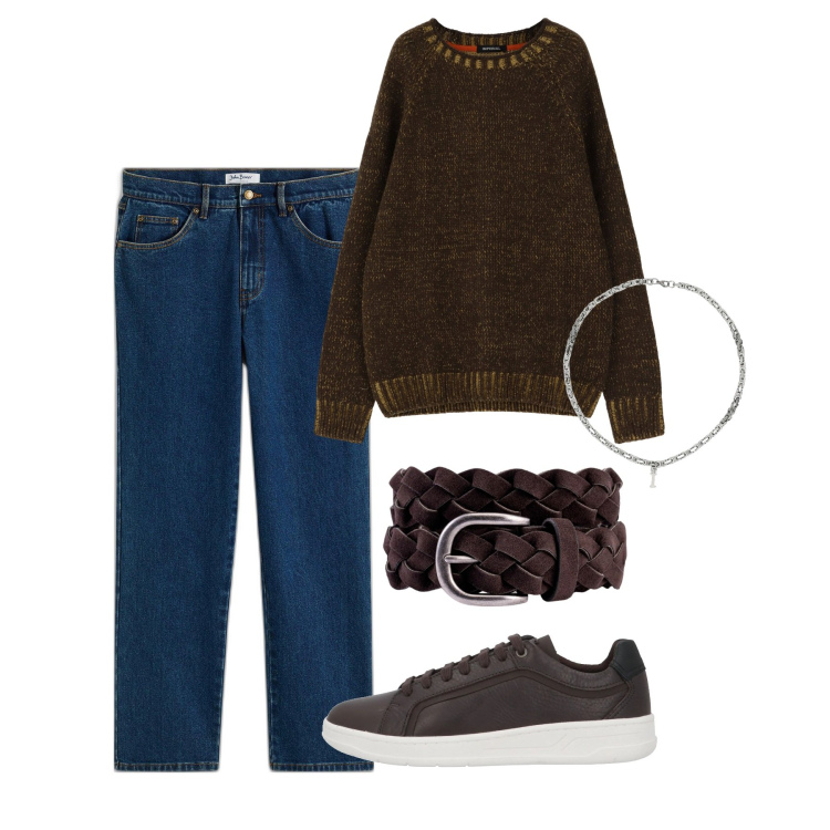 Outfit uomo - Marrone caldo. Stile Casual per Tutti i giorni. Abbinamento con jeans dritti, sneakers, maglieria, collane, cinture.