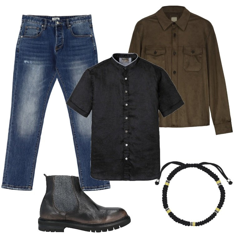 Outfit uomo - Country moderno. Stile Urban per Tutti i giorni. Abbinamento con camicie a manica corta, stivali e stivaletti, braccialetti, jeans dritti, giacche.