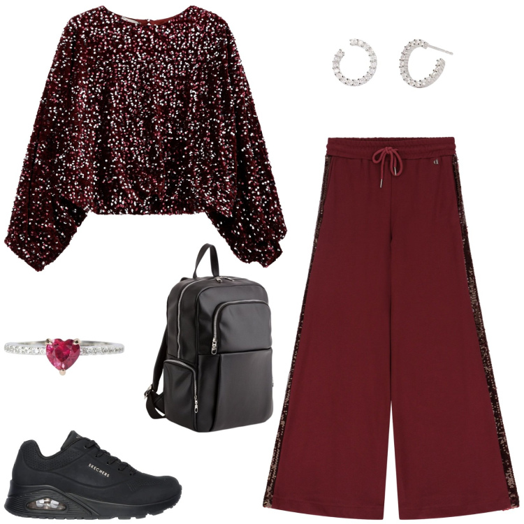 Outfit donna - Sportiva Chic. Stile Casual chic per Tutti i giorni. Abbinamento con anelli, orecchini, felpe, pantaloni, sneakers, zaini.