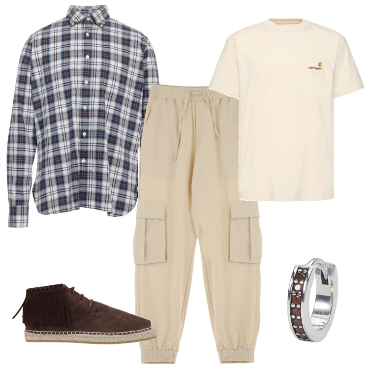 Outfit uomo - Camicia a quadri e orecchino. Stile Casual per Tutti i giorni. Abbinamento con camicie, stivali e stivaletti, orecchini, pantaloni cargo, t-shirt.