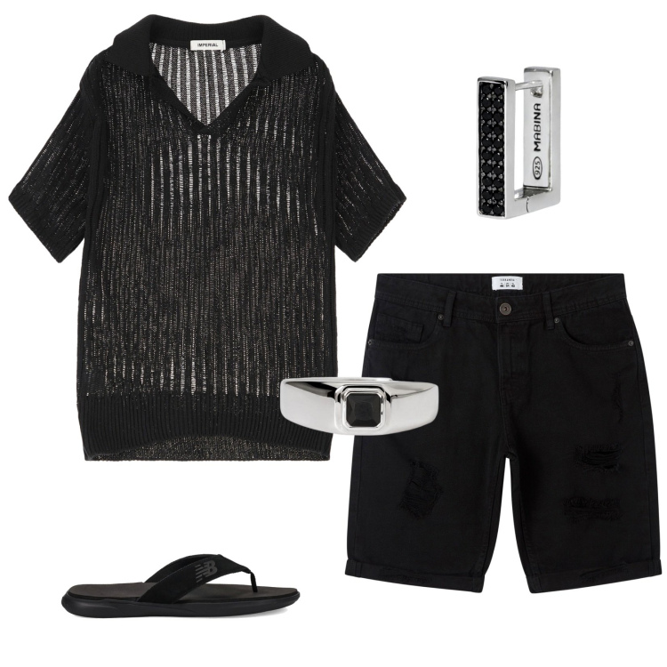Outfit uomo - Nero trasparente e leggero. per Tutti i giorni. Abbinamento con bermuda, orecchini, anelli, sandali, maglieria.
