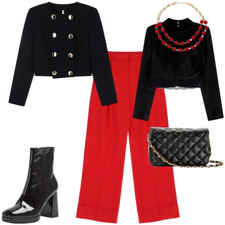 Outfit donna - Total look #2085404. Stile Chic per Serata fuori. Abbinamento con borse a tracolla, stivaletti, blazer, pantaloni, collane, top.