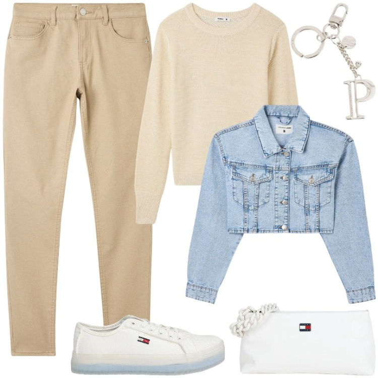 Outfit donna - Terranova per le uscite informali. Stile Basic per Tutti i giorni. Abbinamento con borse a mano, sneakers, blazer, maglieria, pantaloni skinny, portachiavi.