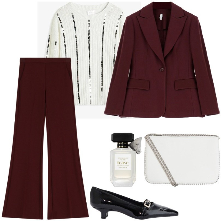 Outfit donna - Elegante maglione con righe scintillanti. Stile Chic per Ufficio. Abbinamento con maglieria, profumi, borse a tracolla, blazer, pantaloni, ballerine.